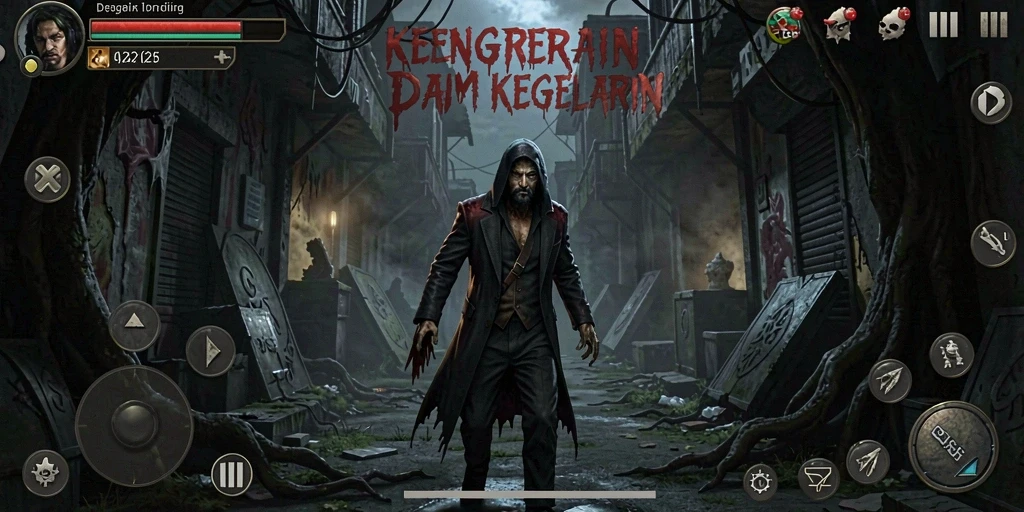 Screenshot gameplay D06, menampilkan suasana horor yang menegangkan.