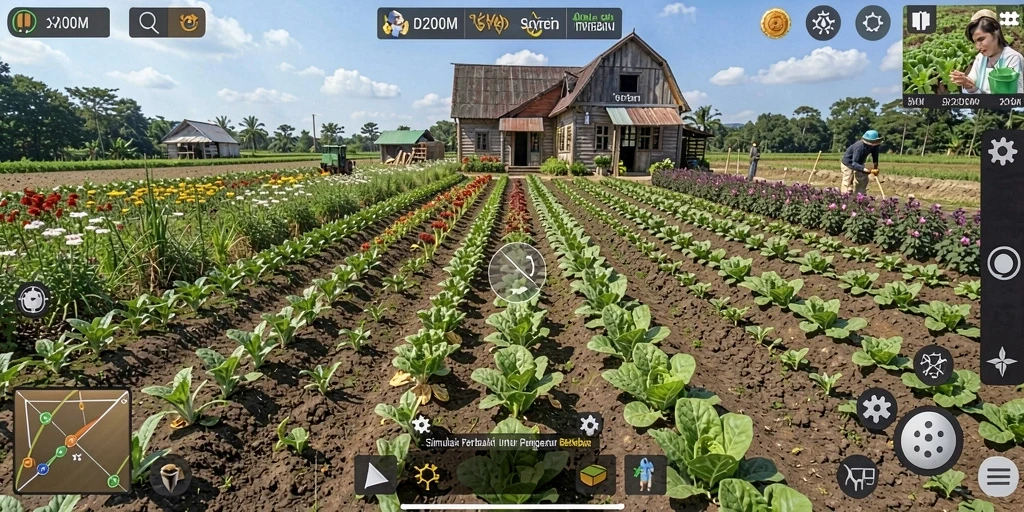 Tampilan gameplay D200M dengan aktivitas bertani yang seru.