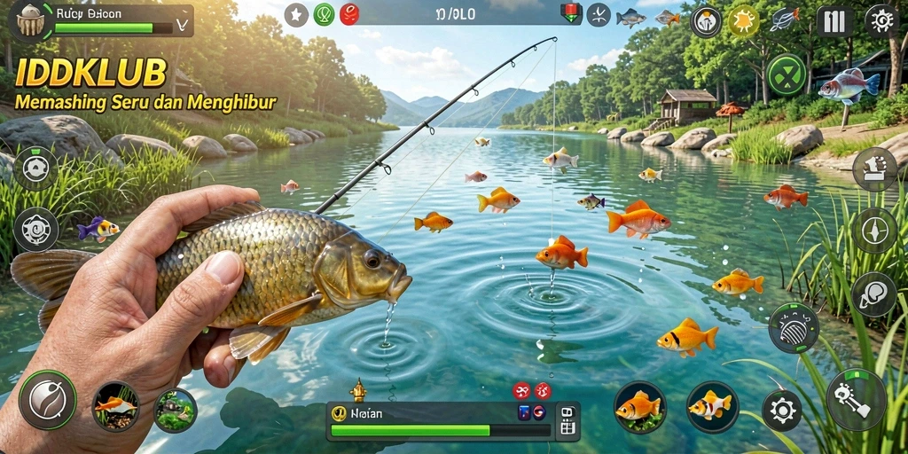 Tampilan gameplay IDKLUB dengan ikan yang beragam di lokasi memancing yang indah.