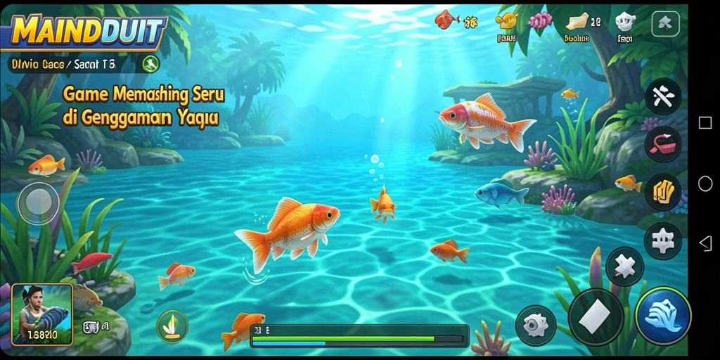 Screenshot gameplay MAINDUIT yang menunjukkan keseruan memancing di berbagai lokasi.