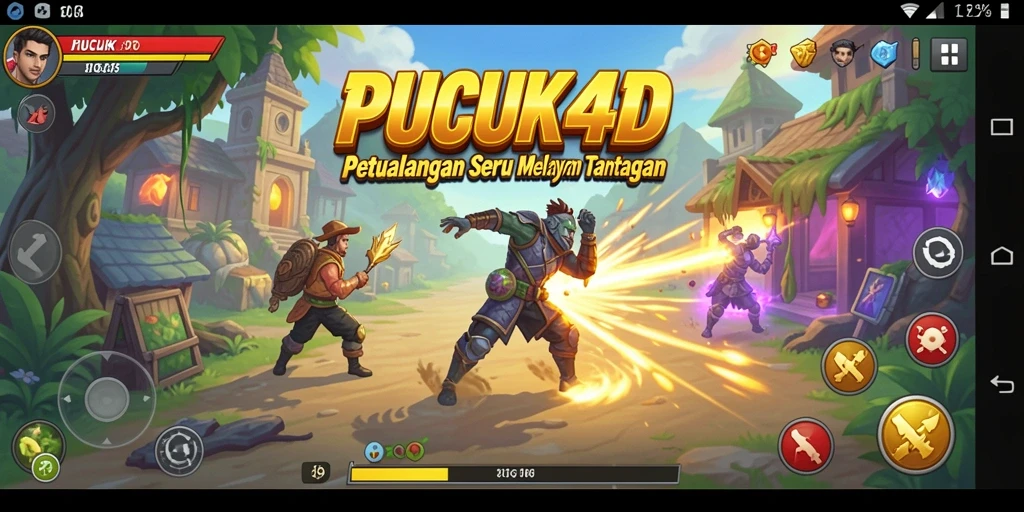 Tampilan gameplay <strong>PUCUK4D</strong> dengan karakter menjelajahi dunia petualangan sambil menghadapi tantangan.