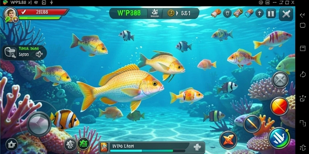 Screenshot gameplay WP888 yang menampilkan aksi menembak ikan.